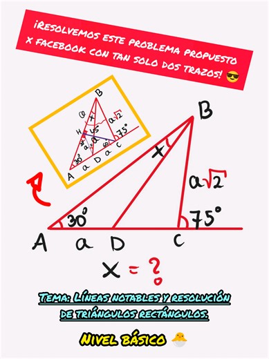 Un problemita para inspirarse. 👀 Tan solo hemos trazado la altura desde C a AB para que nos genere triángulos rectángulos notables de 45° y 30°, gracias a ello, hasta generamos un triángulo equilátero debido a que había 60° y sus dos lados adyacentes congruentes, y finalmente formamos triángulos isósceles, para aplicar suma de ángulos internos que da el externo, rematando el problema. 🫡 #parati #math #problem #geometry #geometría