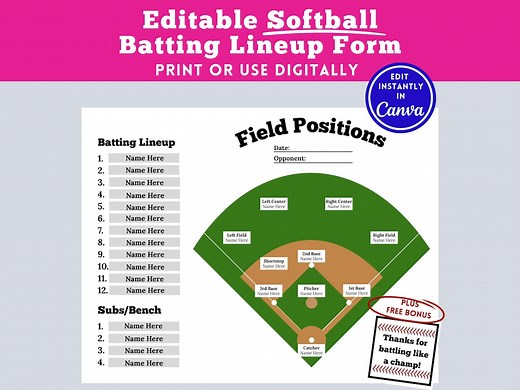 Editable Softball Batting Lineup Softball Field Position, Printable Lineup Card, Batting Order Sheet Canva Printable Roster Team Travel Ball - Etsy