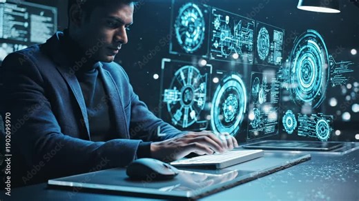 Man types on keyboard viewing holographic interface with data. Developer works with digital dashboard technology. Programmer analyzes hologram display. Man uses keyboard with technology interface.