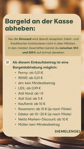 Bargeld flexibel direkt an der Supermarktkasse abheben – oft schon ab wenigen Cent Einkaufswert. Gerade in Zeiten steigender Gebühren und knapper Geldautomaten ist dieses Wissen wichtig, um jederzeit handlungsfähig zu bleiben. Wer seine Finanzen im Griff behalten möchte, braucht nicht nur Überblick über Kosten, sondern auch über praktische Alltagsvorteile wie diese. Mehr Tipps für deinen finanziellen Alltag erhältst du in unseren Workshops vor Ort #Finanztipps #Bargeldabheben #Girocard #Alltagst