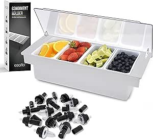 Esatto Bar Products Condiment Holder for Serving Container Chilled Garnish Tray with Lid for Bar Caddy, 4-1 Pint Inserts, with Added 12 Liquor Bottle Pourers, and 12 Pourer Covers - Gray