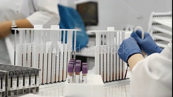 Laboratory technician hands in gloves using pipette to isolate red blood cells from test tube for hematology analysis in medical lab indoors.