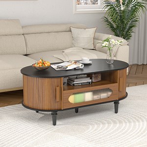 Fluted Coffee Table with Storage, Oval Coffee Table with Drawer&Sliding Door, Low Small Center Table for Living Room(Black and Walnut)