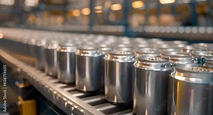 Aluminum cans moving on a conveyor belt in a beverage factory's production line. Concept Manufacturing process, Conveyor system, Beverage industry, Aluminum cans, Production line