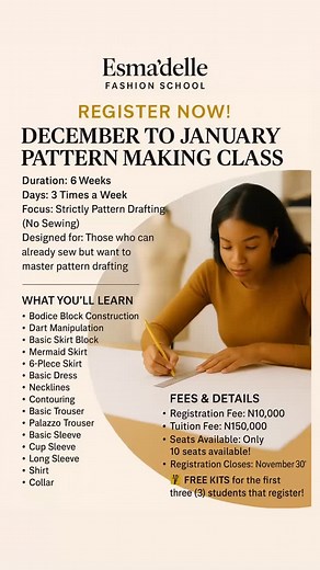 Ready to take your fashion skills to the next level? Our December–January Pattern Making Class is officially open for registration! ✂️ This 6-week intensive course at Esma’delle Fashion School is designed for those who already know how to sew but want to master the art of pattern drafting — the foundation of professional fashion design. What you’ll learn: - Bodice & Skirt Block Construction - Dart Manipulation - Dress & Trouser Patterns - Necklines, Sleeves & Collars - Contouring, Cup Sleeve, Pa