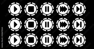 Media player buttons: play, stop, pause, forward, next. Alpha channel. loop animation