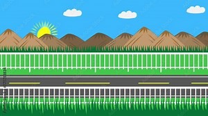 2D animation of highway, brown mountains, white fence along with road, blue sky, sun, grass and clouds. Can be in any cartoon videos, courier ads, promotional videos, kids stuffs. Royalty free. 4k