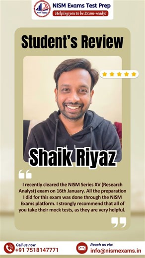 @nismexamspathshala on Instagram: "Riyaz cleared NISM Series XV – Research Analyst by preparing fully with mock tests from NISMExams.in. Right practice. Real exam pattern. Real confidence. ✅ . . . . . [nism series xv, nism research analyst exam, nism ra mock test, research analyst certification india, nism ra preparation, nism series xv exam pattern, research analyst exam preparation, nism research analyst study material] #NISMSeriesXV #ResearchAnalyst #NISMExams #FinanceCareer #ExamSuccess"