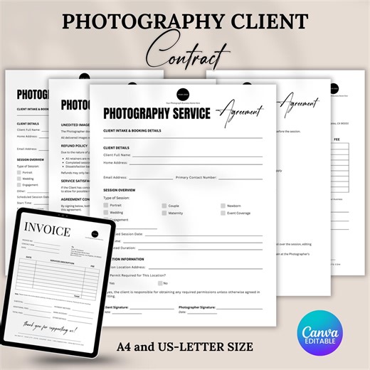 Photography Client Contract Template, Photography Agreement, Photography Forms, Editable Canva Template Instant Download - Etsy