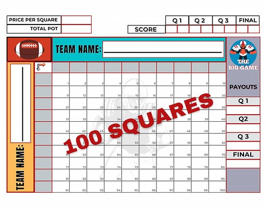 Football Squares, 100 Squares Football Pool, Football Pool Template, Football Boxes, Gameday, Football Squares Printable, 2024 Football Game - Etsy