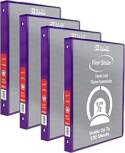 BAZIC Products 3 Ring Binder - Purple, Economy View Binder with Clear Overlay Cover and Round Rings, Organizer for School Office Home Use, 0.5 inch Capacity Holds 100 Sheets Paper, 4-Pack