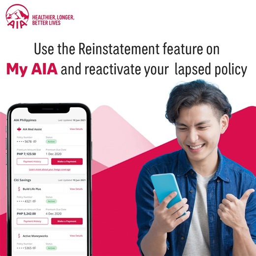 A new policy servicing feature has been added to My AIA, making it even more comprehensive and convenient. Through the new online platform, you can now reinstate your lapsed policy and continue enjoying the coverage that lets you lead a healthier, longer, and better life!​​ *Applicable to qualified policies only.​ #AIAPhilippines #MyAIA | AIA Philippines