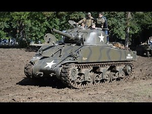 Sherman M4 105mm going fast in the mud (radial engine sound)