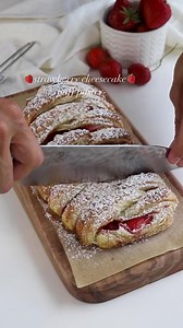 Strawberry Cheesecake Puff PastrySo delicious and easy to make!Cream Cheese filling (makes enough for 2 pastries)-8 oz cream cheese -1/4 cup sugar -1 yolk -1 tsp lemon juice -1 tsp vanilla. Mix all ingredients together with a mixer. Thaw the puff pastry and unfold it. Spread the filling in the center, top with sliced strawberries. Make cuts on both sides of the pastry on a diagonal and cut the end portions out. Fold each side over the center, forming a braid look. Brush the top with egg wash (be