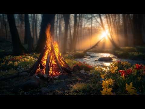 🔥 Pure Nature Moment 🌿 Spring Campfire, Flowing Stream and Gentle Bird Sounds