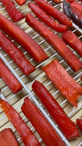 Air dried and ready for smoker! When drying salmon for smoking, the tacky texture that forms on the surface is called a pellicle. This tacky layer is made up of proteins that rise to the surface of the fish during the drying process, especially after brining or curing. The pellicle is crucial for smoking because it provides a surface for the smoke to adhere to, which helps the salmon absorb the smoky flavor and develop a richer color. Additionally, the pellicle helps seal in moisture and prevent