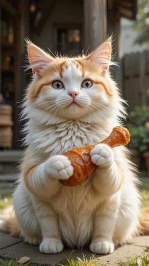 a cat holding a chicken leg