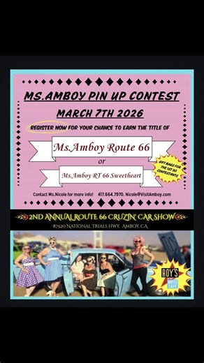 😍💋💄Who's going to claim the MS. AMBOY crown at our 2nd ANNUAL ROUTE 66 CRUZIN' CAR SHOW on March 7th, 2026?💄💋😍 Could it be YOU!? 🤩 DM us for a link to register and bring your best PIN UP persona to the show!💯💯💯 Sponsored by LTD Designs & 928 Pin Up Girls. 🤩 #route66 #motherroad #californiaevents #visitCalifornia #pinup #pinupcontest #pinupphotoshoot #mojavedesert #bringit #pinupgirl | Roy's Motel & Cafe