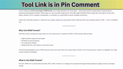 https://ahmadfreetools.com/convert-any-image-to-raw-format/ Easily convert any image to RAW format online with our free converter tool. RAW format is the preferred choice for photographers, editors, and designers who want maximum quality and flexibility for professional editing. In this video, you’ll learn how to use our free RAW converter to transform JPG, PNG, HEIC, BMP, WebP, and other formats into RAW instantly. No downloads, no watermarks, and completely free. ✅ Convert JPG/PNG/HEIC/WebP/BM