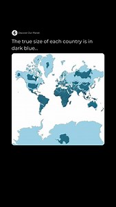 Discover The Planet on Instagram: "Most world maps distort the true size of countries. This map, using equal-area projection, shows each country in dark blue at its actual land area. Countries like Greenland and Russia often appear much larger on Mercator maps than they really are. Because the world is a sphere, no map is truly accurate—but this offers a better representation. - #worldmap #truesize #mercator #map"