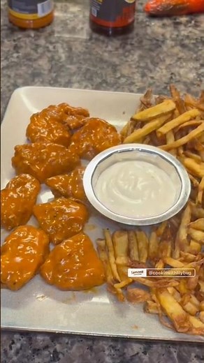 Spicy Buffalo Boneless Chicken Wings with Crispy Fries 🌶️🍗 #cookingwithme # #chickenbiscuit