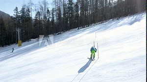 Skiers enjoy a sunny downhill ride on a freshly groomed slope with long shadows cast by surrounding trees while ski instructors prepare course. The perfect day for winter sports and outdoor activity. Stock Video