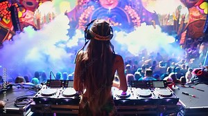 Female DJ on music festival. DJ plays music at night club party for crowd of cheerful people. Bright girl in spot light of multi-color neon. Smiling 20s dj mixing dance rhythm on mixer console. Energy