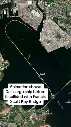 This animation shows the movements of the Dali cargo ship before it collided with Baltimore’s Francis Scott Key Bridge, causing it to collapse. The ship was just minutes into its journey to Sri Lanka when it hit the bridge. #news #baltimore #maryland #ship