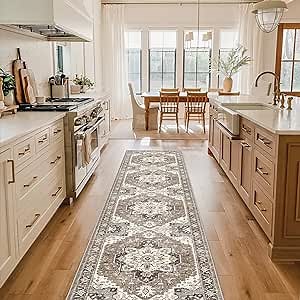 Washable Kitchen Runner Rug - 2x10 Hallway Rug Distressed Mats Non-Slip Soft Room Floor Carpet for Dining Room (Beige/Blue/Grey, 2 x 10)