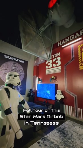 Kelly Ann on Instagram: "Lost Galaxy Outpost in Kodak, Tennessee…This Airbnb is not a themed stay, it’s an experience that will be remembered for years to come! As soon as you walk and close the door, you are transported to a place that’s out-of-this-world. You will love dressing in your favorite Star Wars cosplay attire, lightsaber and all, and not just make-believing, but living the Star Wars dream, complete with a planetarium, a life size stormtrooper, a decked out movie and game room, and ev