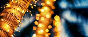 Golden Lights Twinkle on a Palm Tree Trunk, Creating a Magical Tropical Christmas Scene. 4K Video. Golden Bokeh Lights Glow on a Palm Tree at Night