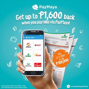 Paying your bills via PayMaya is easy and rewarding! Get a 10% rebate, max. of P100 per biller, when you pay through the app or PayMaya in Messenger from March 15 to May 15, 2018. Participating billers: Meralco, PLDT Home, PLDT Ultera, Smart (Postpaid), Smart Bro, Sun, Cignal and Maynilad. For full mechanics, visit pymy.co/billspay. | Maya