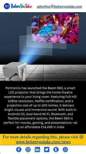 Portronics Beem 560 Launched: 1080p Smart LED Projector with Netflix Certification and 100″ Display