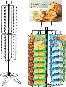 Spinner Retail Chip Rack Display Stand with 108 Clips, 68.5" H Tall Retail Spinning Display Rack 4" Top Wire Sign Holder, 12 Rotating Rods Heavy Duty Chip Holder Snack Shelf Organizer, Black