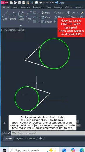 How to draw CIRCLE with tangent lines and radius in AutoCAD? #circle #radius #autocad #tangents