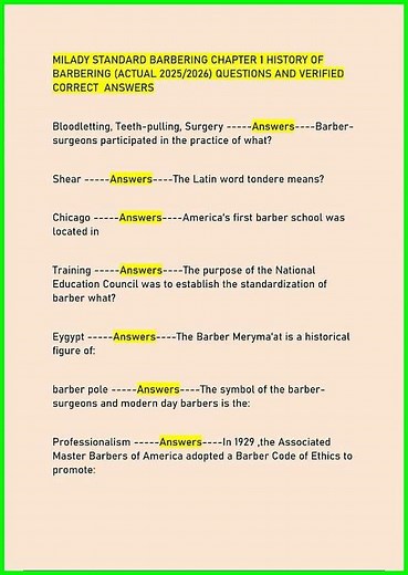 MILADY STANDARD BARBERING CHAPTER 1 HISTORY OF BARBERING ACTUAL 20252026 QUESTIONS AND VERIFIED ANSW
