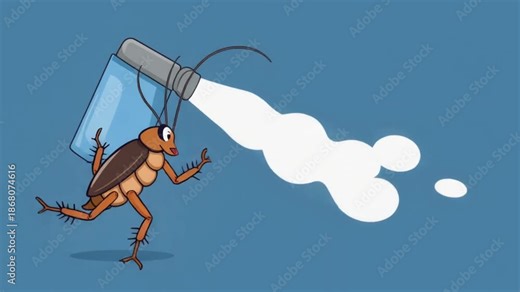 Cartoon cockroach running away from a shaker dispensing white powder
