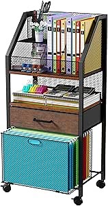Rolling File Cart with Wheels - Utility Storage Cart with Drawers for Office, Home, Classroom Organization, Rolling Cart for Books, Files, and Supplies（Brown and Black）