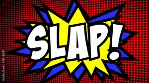 A comic strip cartoon animation, with the word Slap appearing. Green and halftone background, star shape effect.