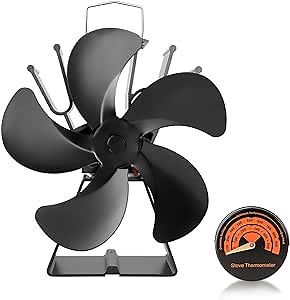 Heat Powered Wood Stove Fan, 5-Blade Fireplace Fan, Upgrade Circulates Warm/Heated Air Stove Fan for Home Wood Log Burning Fireplace Circulating Warm Air Saving Fuel Efficiently with Stove Thermometer