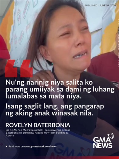 'ISANG SAGLIT LANG, ANG PANGARAP NG AKING ANAK WINASAK NILA.' Nagdadalamhati si Rovelyn Baterbonia, ina ng Ateneo Men’s Basketball Team player na si Rene Baterbonia, matapos ang pagkamatay ng kaniyang anak sa isang aktibidad na inilarawang bahagi ng team “training.” Ayon kay Rovelyn, marami pa rin umano siyang tanong tungkol sa nangyari sa kaniyang anak, kabilang na kung bakit hindi ito agad nasagip at kung bakit umano may mga pabigat na nakakabit sa mga kamay at paa nito habang lumalangoy. Nana