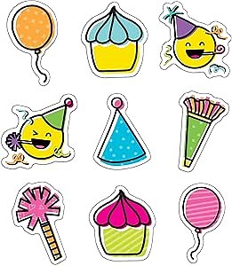 Carson Dellosa Kind Vibes 150-Piece Happy Birthday Cutouts, Colorful Cardstock Balloon, Emoji, and Cupcake Decorations for Party, Bulletin Board, and Classroom Decor