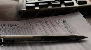 concept calculation and payment of taxes of a US citizen, tax form 1040 on the table, pen and hand counting on a push-button calculator, tax deductions filling out a declaration