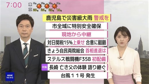 NHK おはよう日本 8月8日(金) 米 対日関税１５％「上乗せ」政府は修正要求・鹿児島で災害級大雨 安全確保を・被爆８０年 亡き父に代わり伝え続けたいもの 他