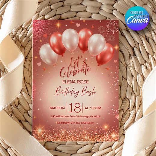 Red Birthday Invitation, Elegant Party Card, Balloon Fireworks Design, Editable Canva Template - Etsy