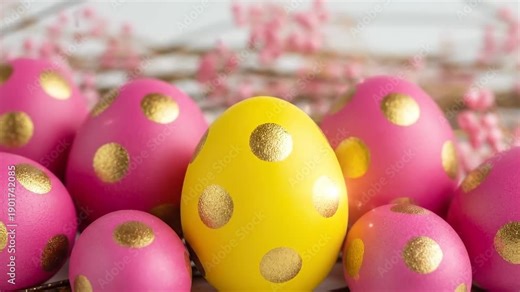 Vibrant pink and yellow Easter eggs with golden polka dots resting on twigs for spring celebration