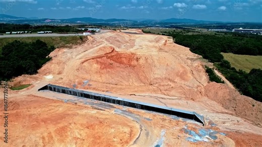 Drone aerial view of large-scale highway construction with earthworks, excavation, and roadbed preparation across hilly terrain. Infrastructure development and civil engineering works in progress.