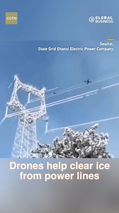 132K views · 709 reactions | State Grid Shanxi Electric Power Company is using drones to clear ice on power lines. The #drones hoist heavy rods which are then slammed into the frozen cables, shaking off the ice to ensure safe and stable operation of the power grid. (Source: State Grid Shanxi Electric Power Company) | CGTN Global Business | Facebook