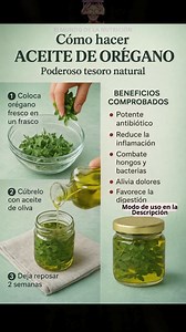 🌿 Modo de uso del Aceite de Orégano según sus beneficios 🌿 🔹 Potente antibiótico Tomar 1 a 2 gotas diluidas en una cucharada de agua o aceite de oliva, 1 vez al día por máximo 7 días. 🔹 Reduce la inflamación Aplicar unas gotas en la zona afectada y masajear suavemente 2 veces al día. 🔹 Combate hongos y bacterias Uso externo: aplicar directamente sobre la zona afectada 1 vez al día. Uso interno: 1 gota diluida en agua o aceite, 1 vez al día. 🔹 Alivia dolores Aplicar de forma tópica en múscu