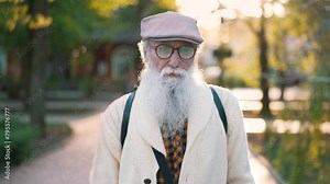 Elderly man with long white beard and glasses walks down the street